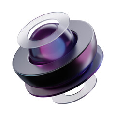 3D Abstract Illustration of Glossy Spherical Core with Translucent Purple-Blue Rings and Layered Geometry

