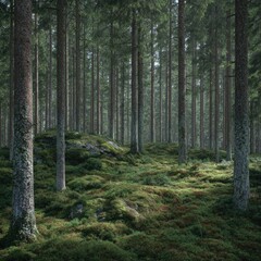 Obraz premium Dense forest landscape scene with lush greenery and towering trees under sunlight