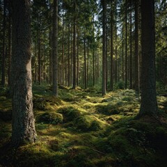Fototapeta premium Dense forest landscape with tall trees and green undergrowth illuminated by sunlight