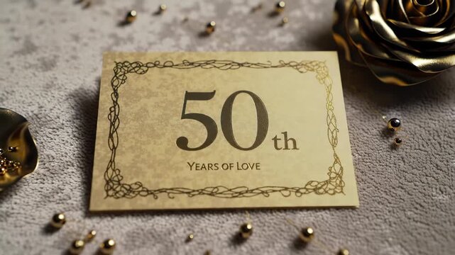 A sophisticated top-down shot of a beautifully designed 50th wedding anniversary invitation card, featuring elegant gold foil typography and a delicate golden border