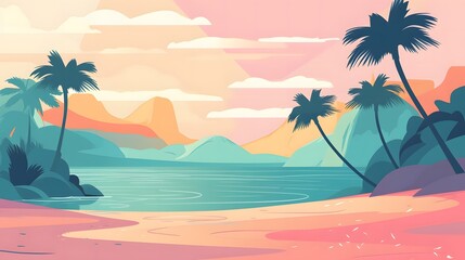 Fototapeta premium Tropical Beach and Mountain Landscape Illustration