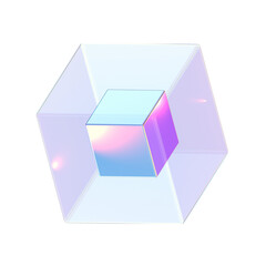 3D Abstract Illustration of Translucent Outer Cube with Suspended Iridescent Inner Cube in Pink, Purple, and Blue Gradient
