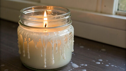 Burning candle in a glass jar with dripping wax on a wooden windowsill
