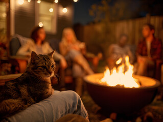 Group of friends enjoys cozy evening around fire pit in backyard, with relaxed tabby cat sitting on person lap, warm lights glowing in background
