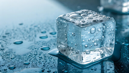 Close up of a single ice cube with water droplets on a blue surface