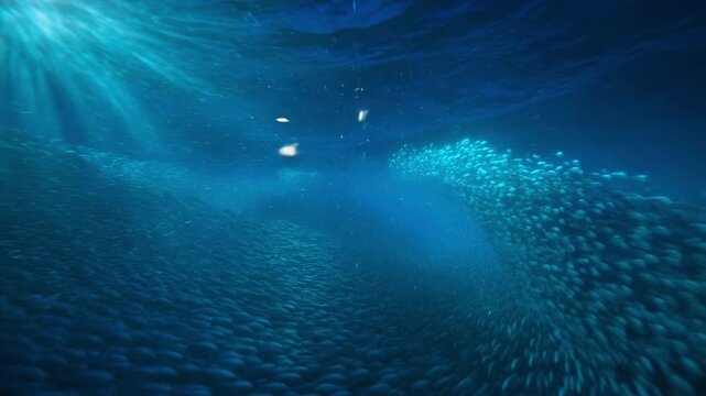 Oceanic vortex shot at reef drop-off through a school of silvery fish that part in synchronized waves. The underwater landscape showcases diverse marine ecosystems