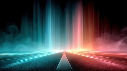 Neon Pathways - Vibrant electric blue and pink neon arrows splitting upward through black smoke, creating an energetic futuristic vibe with glowing light streaks