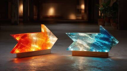 Stained Glass Paths - Vibrant stained glass arrows in ruby red and sapphire blue diverging upward, casting colorful light patterns on the ground