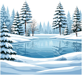 A serene winter landscape featuring a frozen lake surrounded by snow-covered pine trees and a clear blue sky.