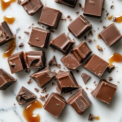 Scattered milk chocolate cubes and shavings with caramel on a white marble background
