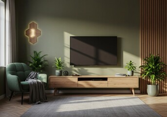 Serene Modern Living Room: Olive Green Wall, Hexagonal Light, Potted Plants, and Sunlight Shadows