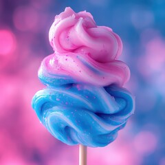Swirling pink and blue cotton candy twist on a stick with vibrant bokeh background