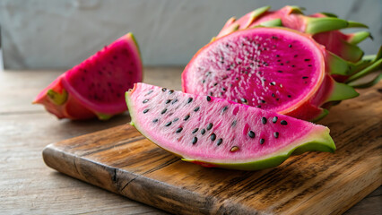 Fresh dragon fruit cut in half on wooden board on a wooden table