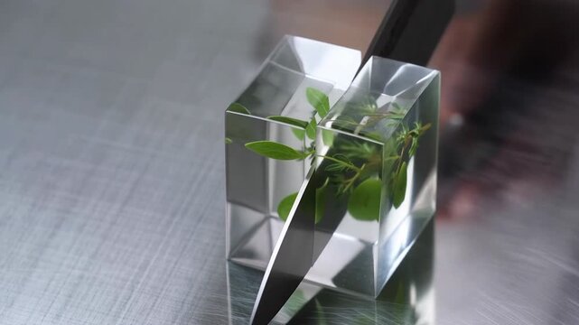 A sharp knife slices through a clear cube containing vibrant green leaves. The workspace is modern and bright, demonstrating a unique way to preserve and showcase nature indoors