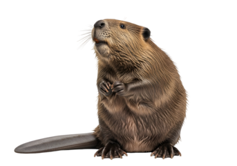 Close-up view of a beaver, showcasing its detailed fur and attentive posture against a stark black background.