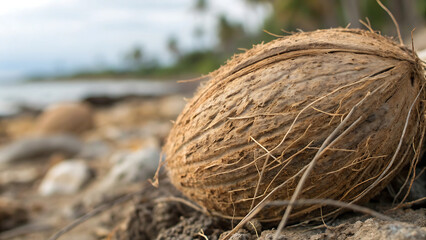 Coconut on sand with blurred background of beach and ocean in daytime