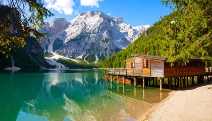 Lakeside cabin nestled amongst towering mountains