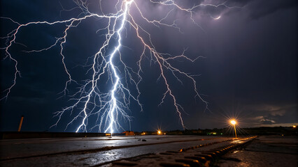 Lightning strikes the ground during a thunderstorm at night near the coast