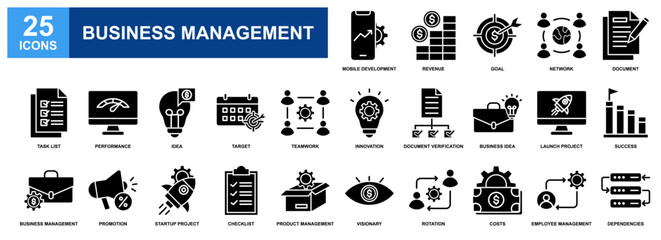 Business Management icon set collection. Containing design Goal, Revenue, Success, Innovation, Performance