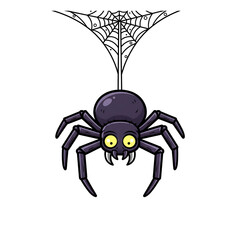 Cartoon spider with big yellow eyes hanging from a thread isolated on black background isolated on white background isolated on transparent background