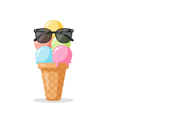 Ice cream cone with five colorful scoops and sunglasses