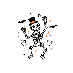 Spooky skeleton dancing with ghosts and pumpkins isolated on transparent background isolated on white background