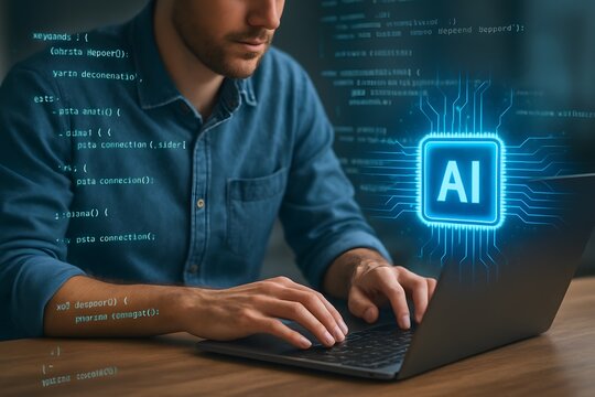 Man Working on Laptop with AI Technology Overlay - Powered by Adobe