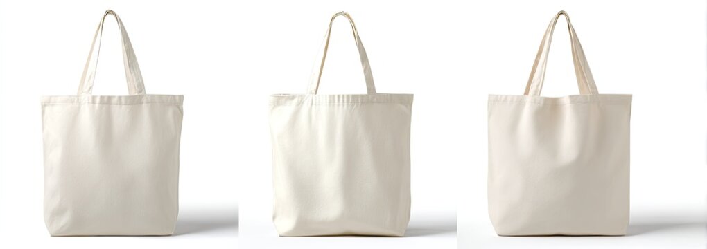 Three blank cream-colored canvas tote bags - Powered by Adobe
