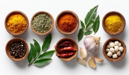 Assorted spices and herbs in small wooden bowls arranged on a white background