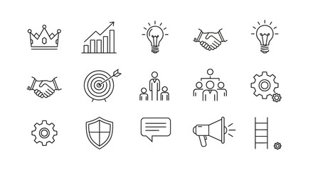 Hand-drawn Sketchy Business Icons Collection Depicting Success, Strategy, and Growth Concepts.