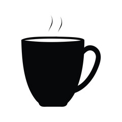 Black silhouette of a steaming mug of coffee or tea isolated, coffee cup silhouette vector illustration