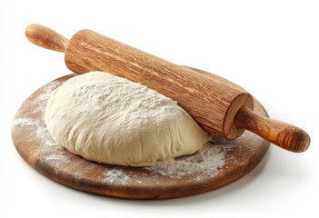 Wooden rolling pin over a ball of dough on a wooden board dusted with flour