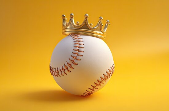 A baseball with a gold crown sits against a bright yellow background. The stitching is prominent