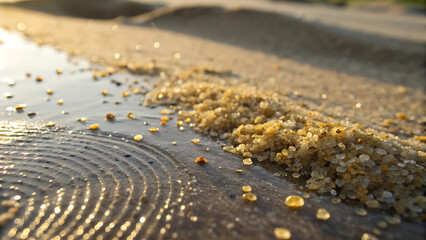 Close up of wet sand on a wooden surface with water droplets shining
