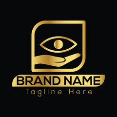 Golden eye symbol over open hand with brand name and tagline text vector graphic