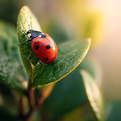 Fototapeta premium Ladybug on green leaf in natural environment macro shot