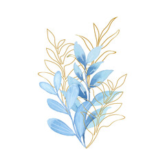 3D Botanical Illustration with Blue Watercolor Leaves and Gold Line Art Accents
