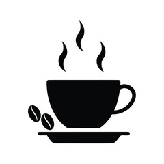 Black Silhouette of Coffee Cup with Steaming Coffee and Beans on Plate, coffee cups and beans icon silhouette vector illustration
