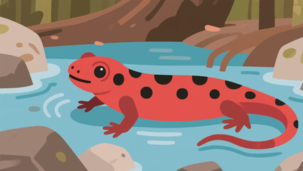 Illustration Of A Red Salamander In A Small, Rocky Stream In The Forest Vector Design Template
