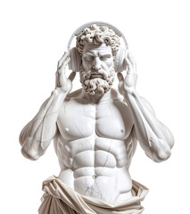 Fototapeta premium Ancient marble statue with headphones listening a music. Ancient Greek Statue with headphones isolated on transparent background.