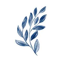 3D Botanical Illustration of Blue Watercolor Leaves on Stylized Branch
