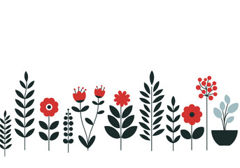 Row of stylized plants and flowers in red blue and dark green on a white background