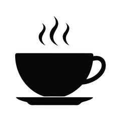 Silhouette of a steaming coffee cup on a saucer, beverage illustration, cup of tea silhouette vector illustration