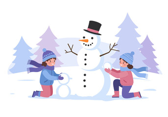 Two kids construct a snowman with trees in the background