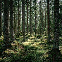 Naklejka premium Lush forest scene with tall trees and green ground cover under sunlight