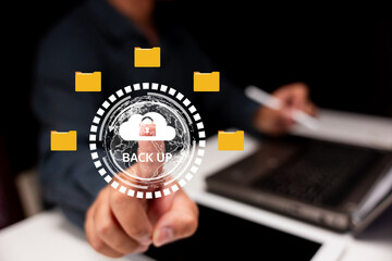 A person interacts with a digital interface, highlighting backup options with folder icons and a secure lock symbol, emphasizing data protection.