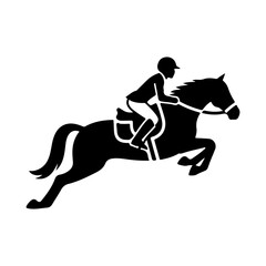 Black Vector Silhouette of Horse and Rider Jumping on White Background