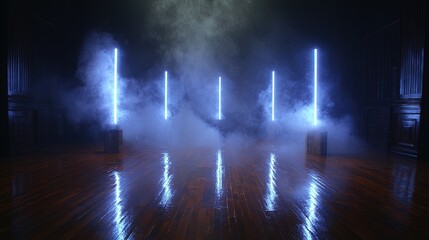 Neon Blue Light Room With Fog And Cubes