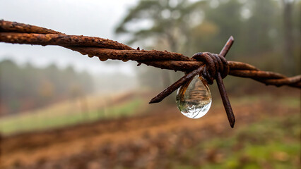 Water droplet hangs from rusty barbed wire fence on a foggy morning
