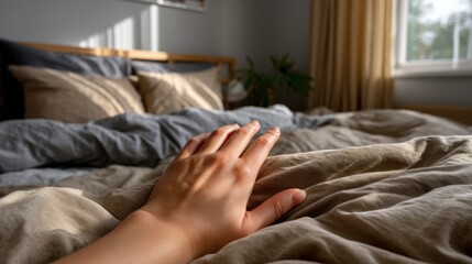 Morning routine awakening cozy bedroom lifestyle photography relaxing atmosphere close-up view comfort and serenity